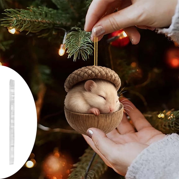 Cute Woodland Creatures Sleeping in Acorn Ornament, 3.9-Inch 2D Acrylic Flat Pendant, Forest Friends Decoration for Home Nursery and Office