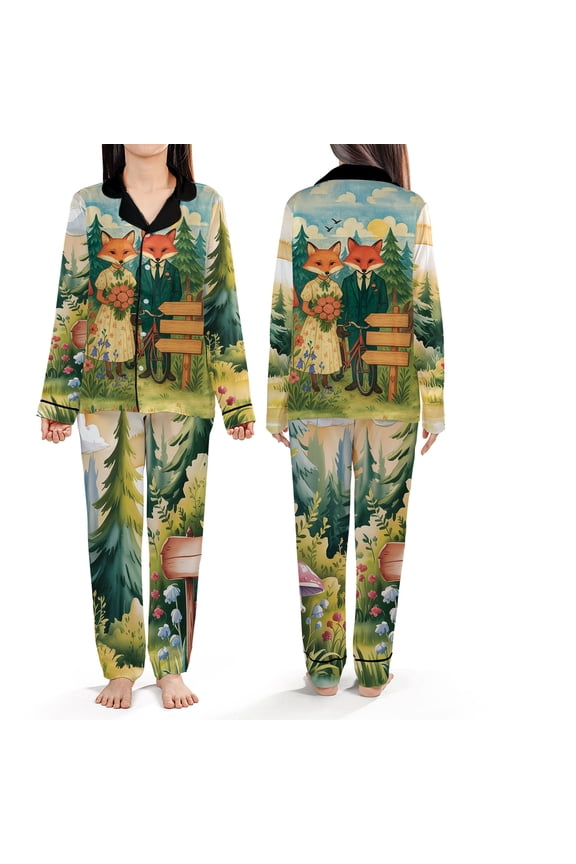 Cute Woodland Fox Couple Pajama Set – Romantic Nightwear, Forest Theme Loungewear Gift for Women, Anniversary, Valentine & Holiday Present