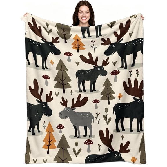 Cute Woodland Moose Pine Tree Mushroom Print, Soft Warm Flannel Fleece, Rustic Aesthetic Cartoon, Throw Blanket, Cozy Warm, Home Decor, Couch Sofa Bed