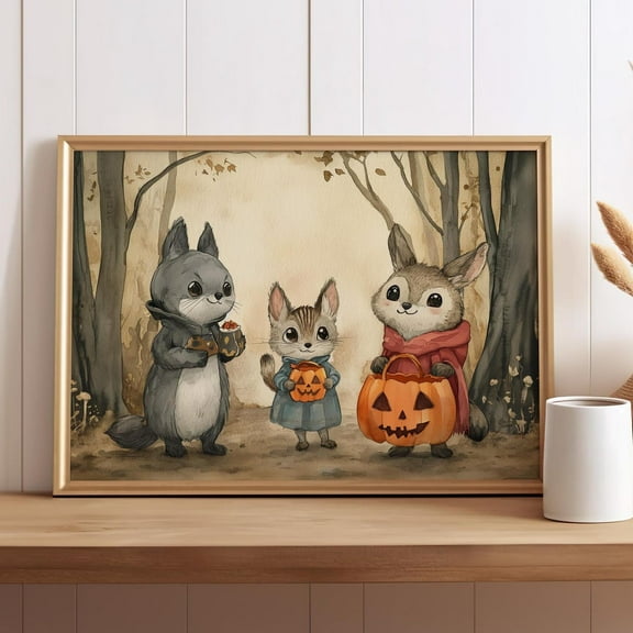 Cute Woodland Trick or Treat Wall Art, Vintage Nursery Animal Decor, Unframed Paper Print Size 8x12