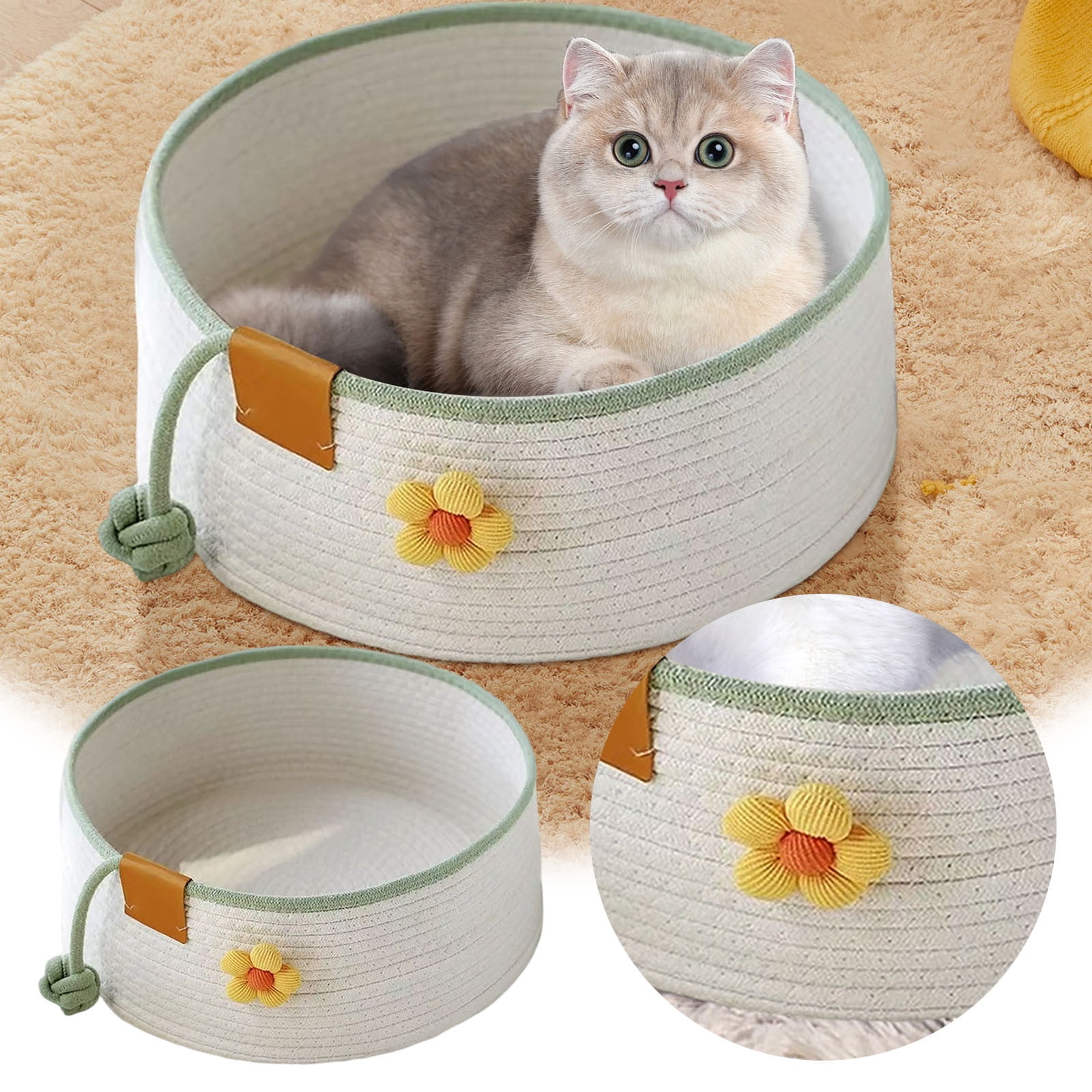 Cute Woven Cat Bed Basket, Soft Cotton Rope Scratching Nest for Indoor Cats, Round Sleeping House 1 Pack, Cozy Pet Lounge for Kittens & Puppies 13.8x5.1 Inch
