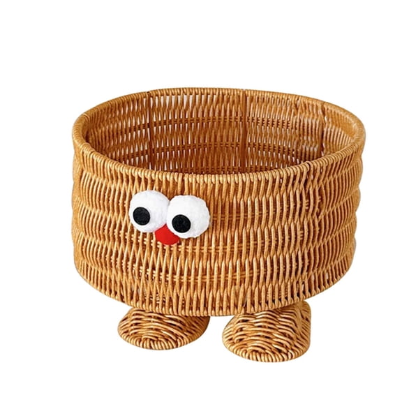 Cute Woven Storage Basket With Decorative Eyes, Small Round Organizer Bin, Open Top Sundries Container, Cosmetic Snack And Clothing Holder, Desktop Shelf Home Storage Decor