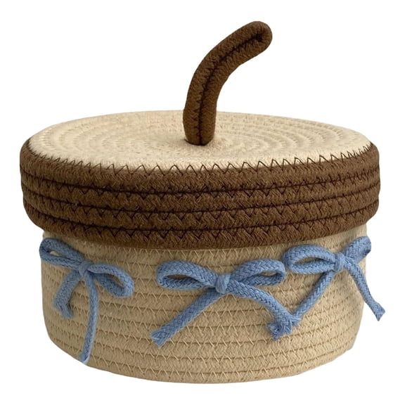 Cute Woven Storage Basket with Lid Bows, Decorative Cotton Storage Bins for Gifts Empty, Small Items, Toy, Gift Organizer Basket for Desk, Bathroom, Shelf, Living Room