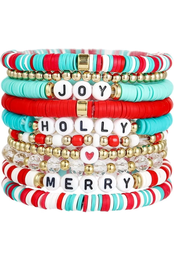 Cute Xmas Christmas Holiday Bracelets Set Stackable Heishi Surfer Bracelet Polymer Clay Resin Stretch Bracelet for Women Y2K Preppy Gift Birthday Party Supplies Festive Favors Decor