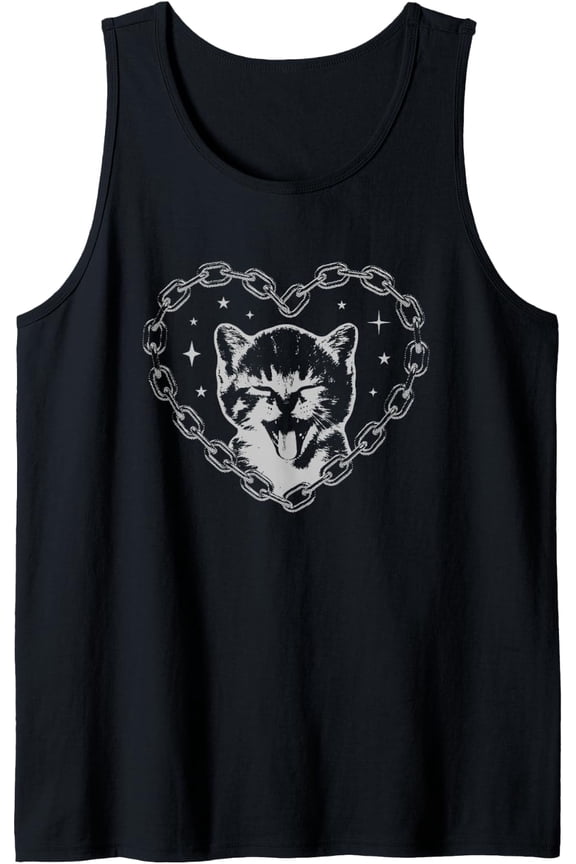 Cute Y2K Cat Chain Heart Emo Goth 90S 2000S Vintage Graphic Tank Top Size S-3XL