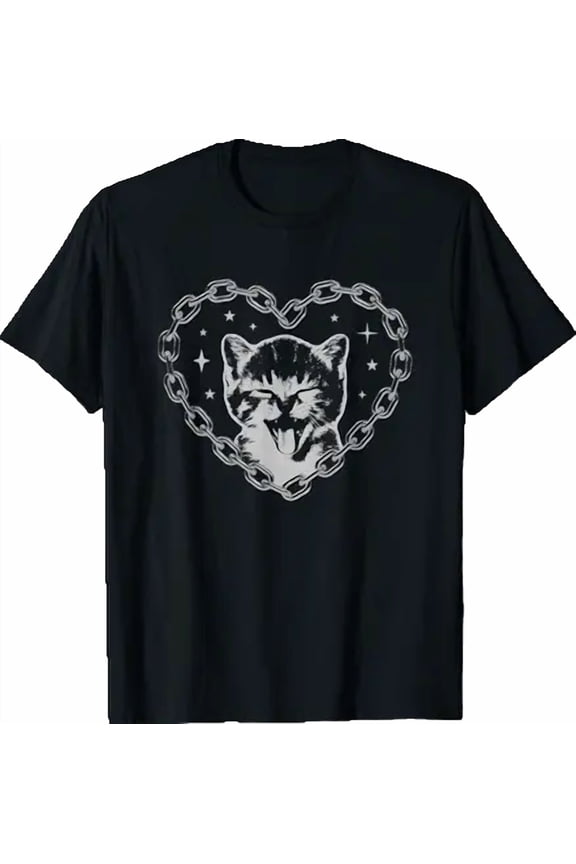 Cute Y2K Cat Chain Heart Emo Goth 90s 2000s Vintage Graphic T-Shirt