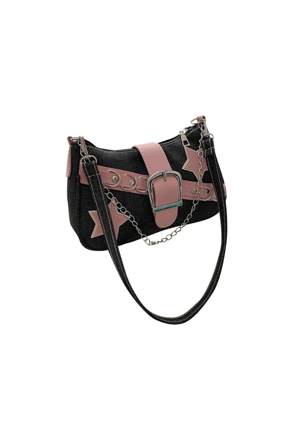 Cute Y2k Purse for Women Color Blocking Star Embroidery Pattern with Personalized Chain Strap Shoulder Bag Goth Style Cute Mini Handbag Purses
