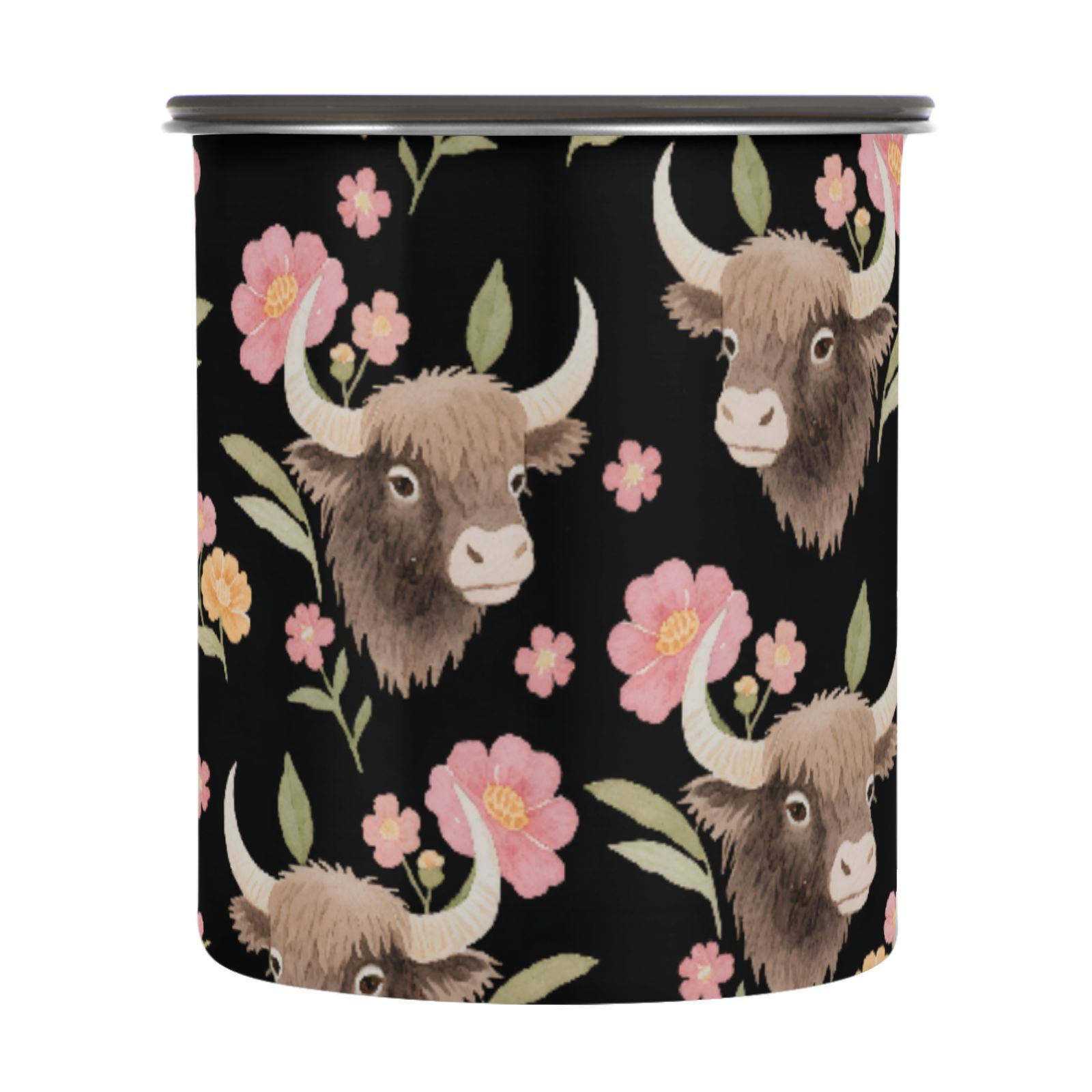 Cute Yak Flowers Airtight Coffee Bean Canister 30oz Food Storage Containers with Lids For Gournd, Tea, Sugar, Flour, Rice, Cereal, Candy Cookie Jar