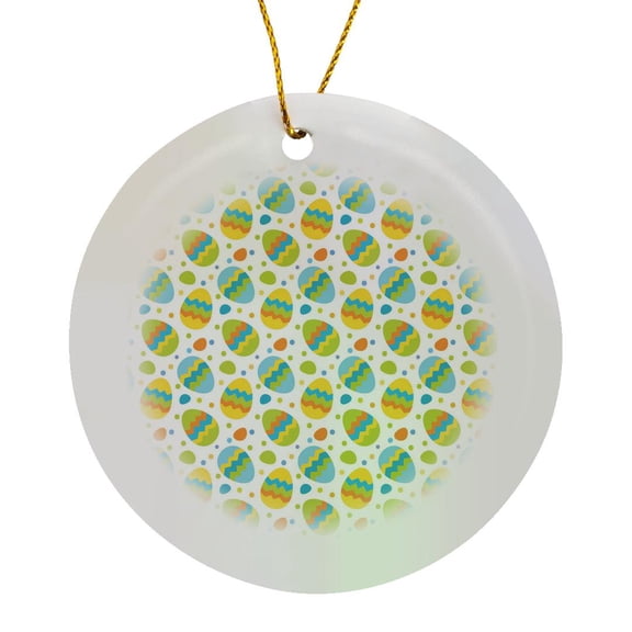 3drose, Cute Yellow, Aqua, and Orange Easter Eggs and Dots Pattern, Circle Porcelain Ornament