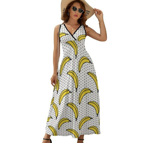 Cute Yellow Banana Dress Summer Street Style Bohemia Long Dresses Female Sleeveless Printed Maxi Dress