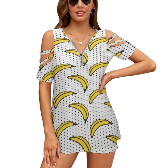 Cute Yellow Banana Womens Summer V Neck Zipper Top Short Sleeve T Shirt Off Shoulder Top Casual Classy Loose Shirts