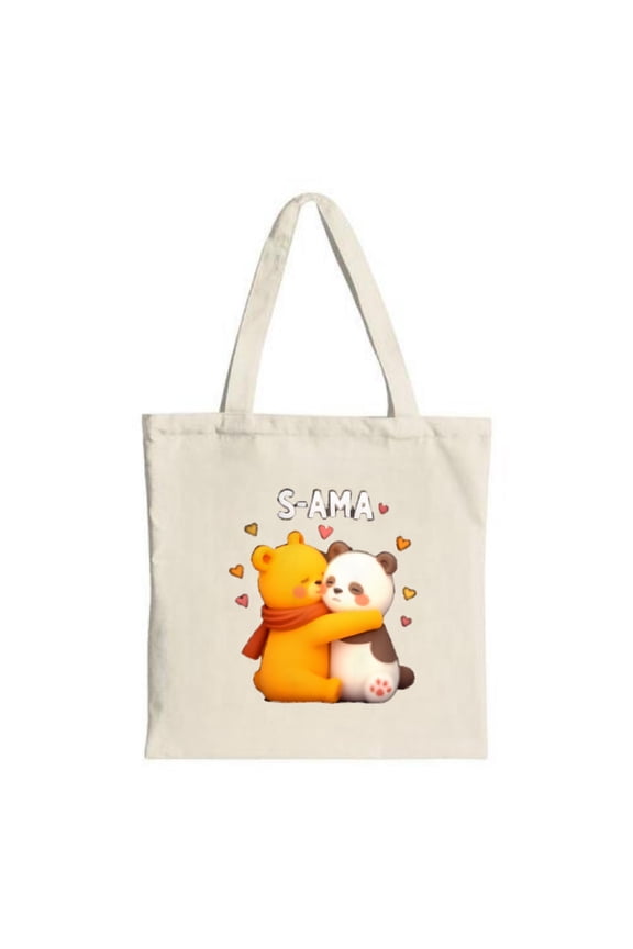 Cute Yellow Bear & Panda Hugging Tote Bag - Soft Neutral Canvas Playful ' S - AMA ' Text & Hearts Perfect for Shopping & Travel