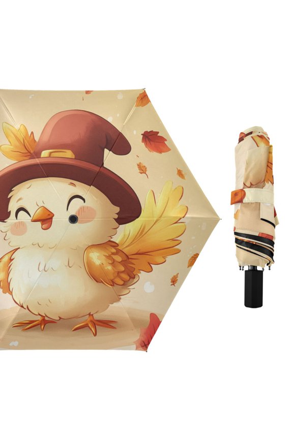 Cute Yellow Bird with Hat Leaves Autumn All Weather Umbrella Triple Folding Parasol 6 Ribs UV Protection Portable