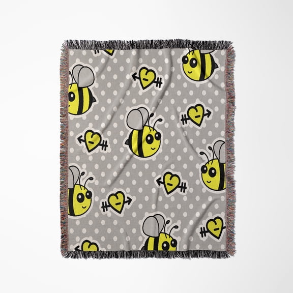 Cute Yellow Bumble Bee Print On Grey And White Polka Dots , Woven Blanket