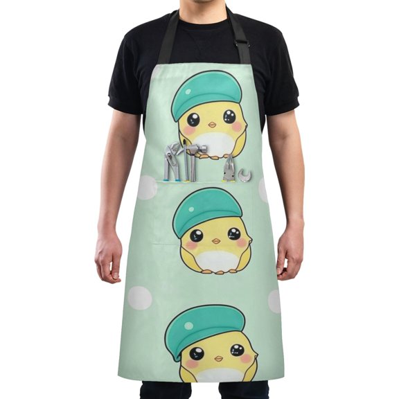 Cute Yellow Chick on Green Chef Kitchen Apron with Pockets for Women Waterproof Aprons for Cooking Baking
