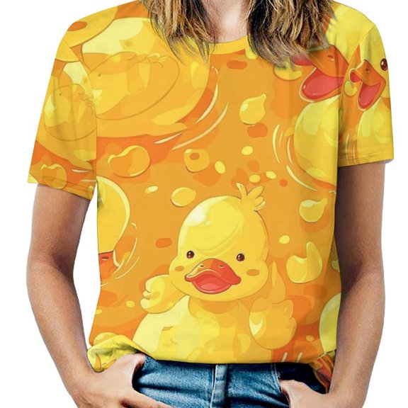 Cute Yellow Duck Pattern Womens Tops Women's Fashion Casual Short Sleeve Flower Print Round Neck Pullover Top Blouse