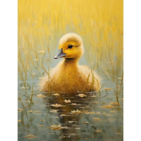 Cute Yellow Ducking in Countryside Pond Oil Painting Kids Bedroom Baby Duck Bright Artwork Extra Large XL Wall Art Poster Print