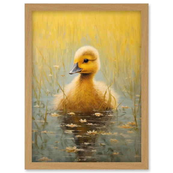 Cute Yellow Ducking in Countryside Pond Oil Painting Kids Bedroom Baby Duck Bright Artwork Framed Wall Art Print A4