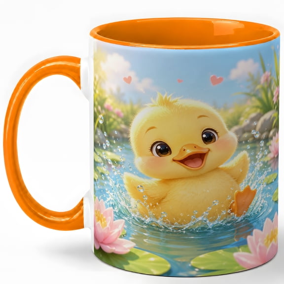 Cute Yellow Duckling Coffee Mug, Spring Pond Flower Animal Lover Design, 11 oz Ceramic Cup