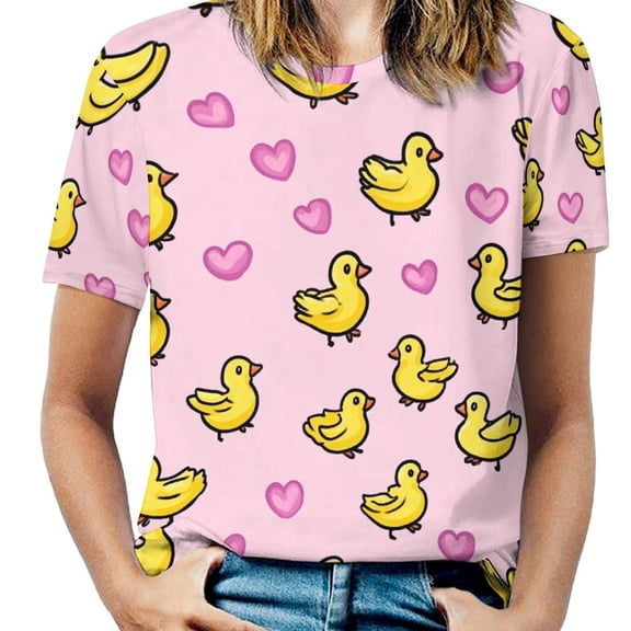 Cute Yellow Ducklings And Hearts Pattern Women's Short Sleeve T-Shirt Crew Neck Casual Summer Trendy Loose Fit Tops