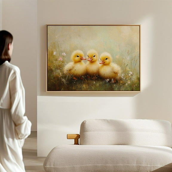 Cute Yellow Ducklings Art - Trio Of Baby Ducks In Meadow, Adorable Farm Animal Wall Decor, Whimsical Wildlife Artwork Wall Art, Modern Wall Decor, 8x12 UNFRAMED