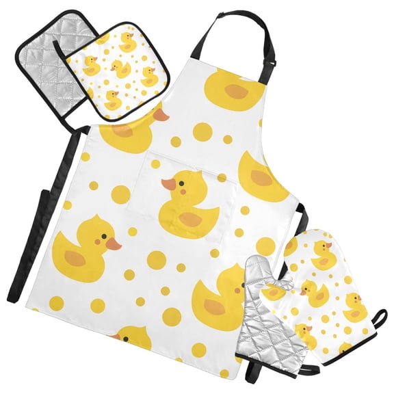 Cute Yellow Ducks Dots Cartoon Apron Set with Oven Mitts Pot Holders Set of 5 Kitchen Stuff Accessories