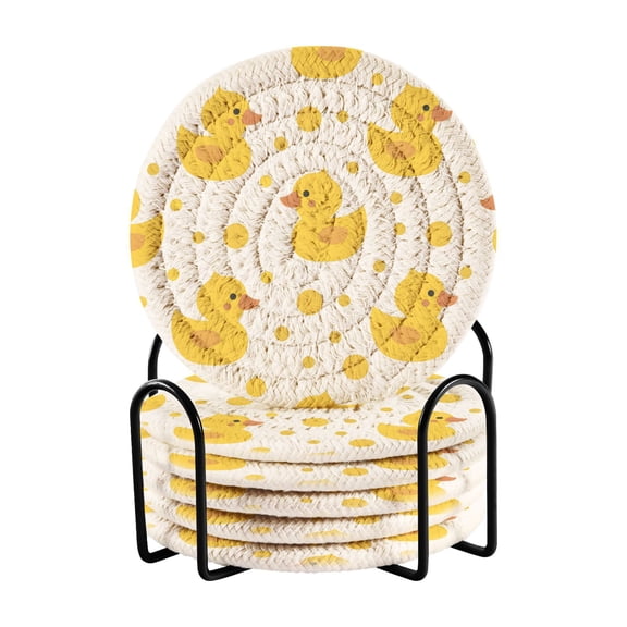 Cute Yellow Ducks Dots Cartoon Drinking Coasters Cup Mat with Holder for Kitchen Cafe Bar 6 Packs