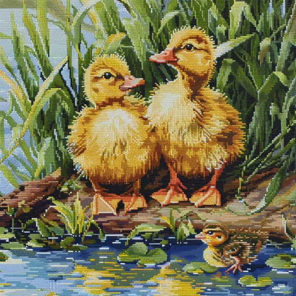 Cute Yellow Ducks in Pond DIY 11CT Stamped Cross Stitch Kits for Beginners Easy Needlepoint Embroidery Counted Cross Stitch Art Craft for Wall Decoration 16x16inch(2)