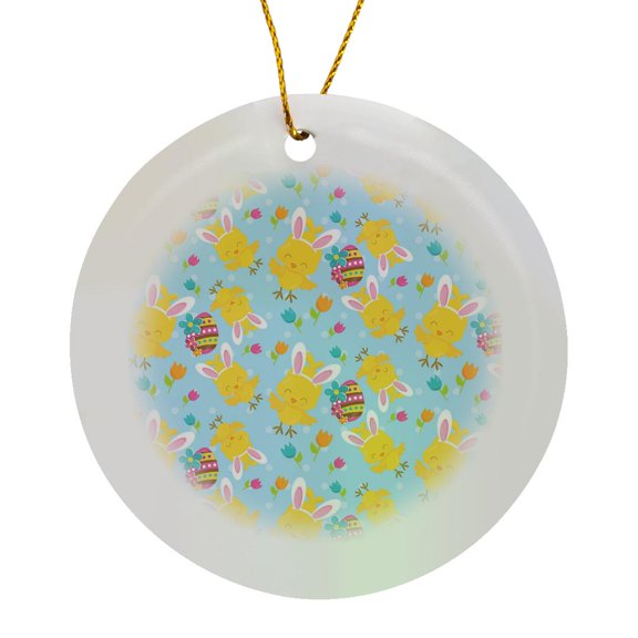 3drose, Cute Yellow Easter Chicks with Rabbit Ears and Flowers, Circle Porcelain Ornament