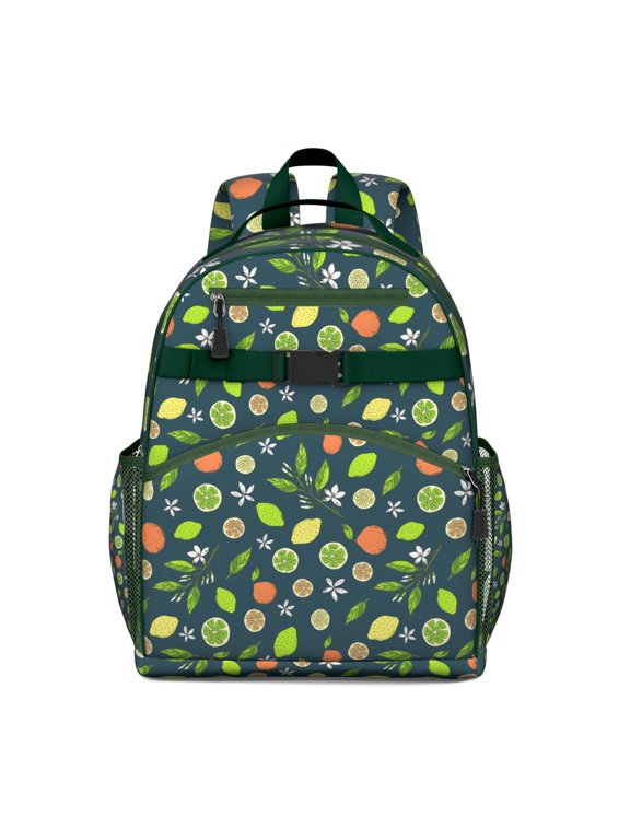 Cute Yellow Lemon Fruit Student Backpack Summer-Inspired Pattern with Floral Elements Adjustable Straps and Large Capacity