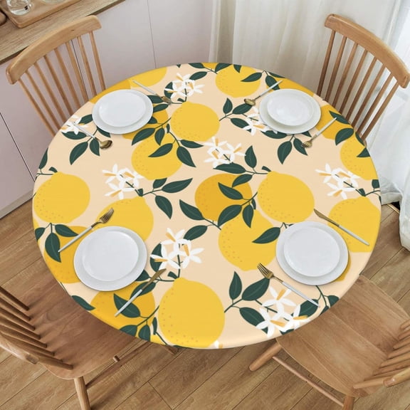 Cute Yellow Lemon Pattern Flowers Fitted Round Tablecloth Waterproof Table Cloth with Elastic Edge Wipe Clean Table Cover for Indoor Outdoor Fits 45"-50", Medium
