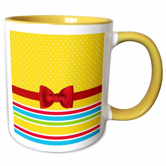 3drose, Cute Yellow Polka Dots over Primary Color Stripes with Digital Bow, 11oz Two-tone Yellow Mug