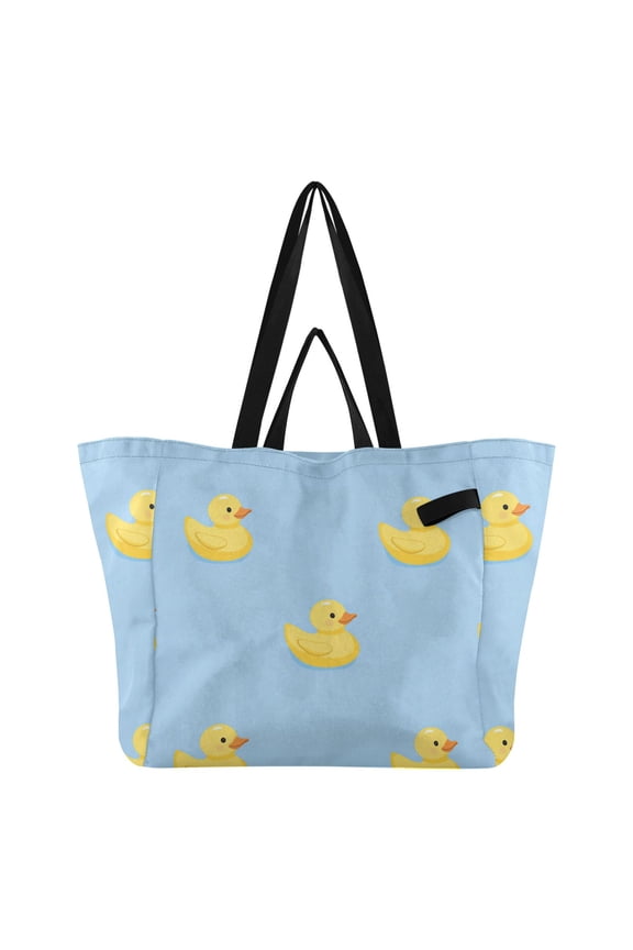 Cute Yellow Rubber Ducks Blue Background Foldable Canvas Tote Bags Reusable Grocery Bags Laundry Bags Beach Bag 32L