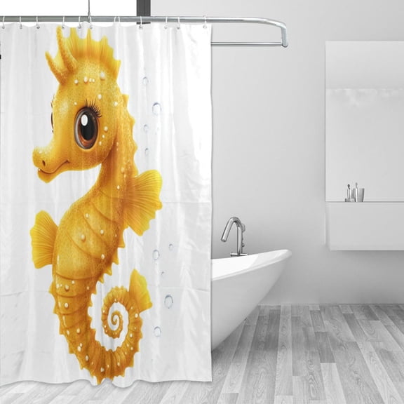 Cute Yellow Sea Horse Bubbles Shower Curtains with 12 Hooks Waterproof Bathroom Decor 66" x 72"