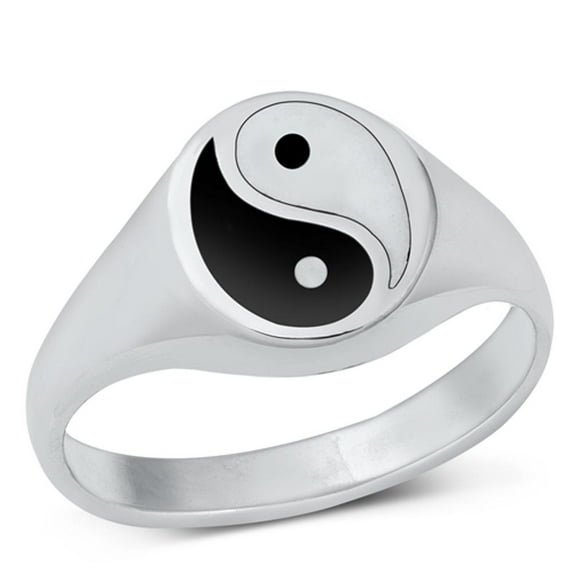 Cute Yin & Yang Simulated Black Onyx Ring .925 Sterling Silver Band CZ Jewelry Female Size 10