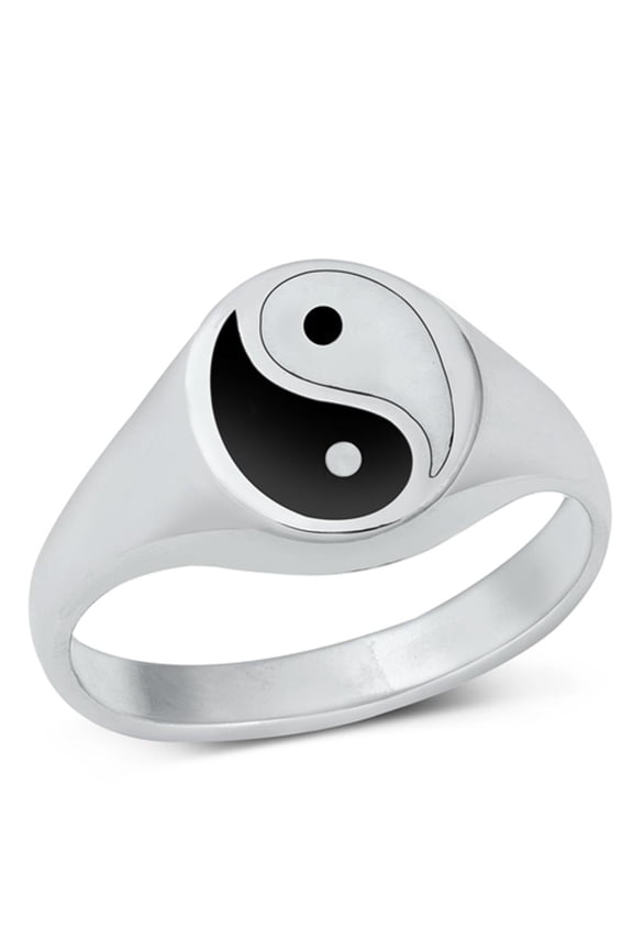 Cute Yin & Yang Simulated Black Onyx Ring .925 Sterling Silver Band CZ Jewelry Female Size 8