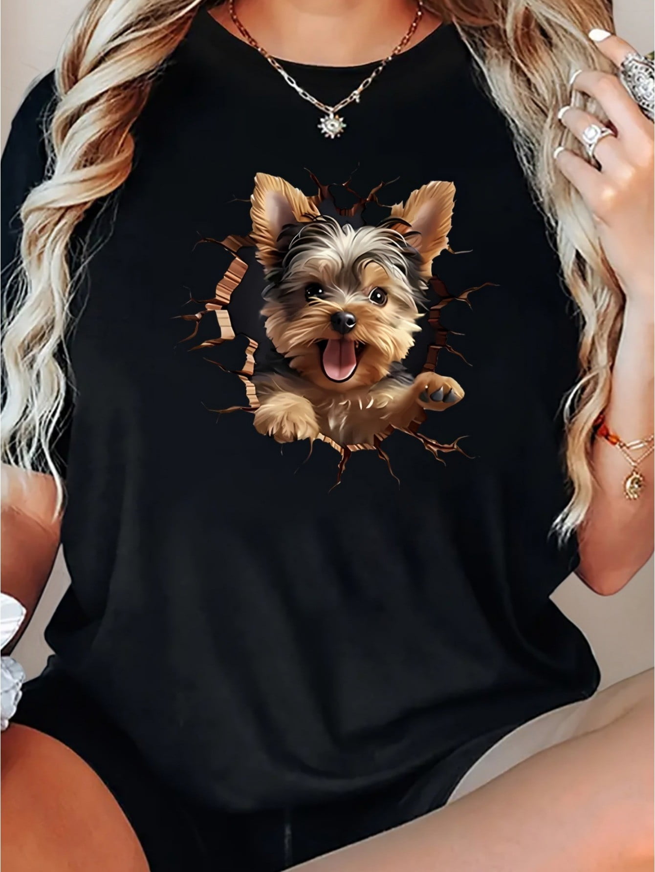 Long Cute Puppy Printed Raglan Sleeve Side Pocket T Shirt For Women's main image 0