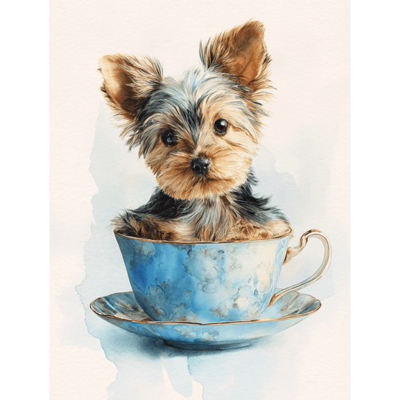 Cute Yorkshire Terrier Teacup Canvas Wall Art, Adorable Pet Print for Living Room, Bedroom, Kitchen, Office and Farmhouse Decor