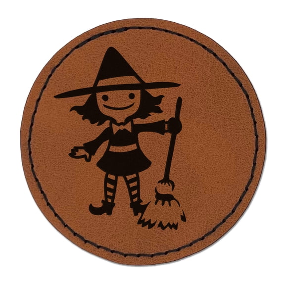 Cute Young Halloween Witch with Broom and Hat 2.5" Faux Leather Round Engraved Iron-On Patch - Brown