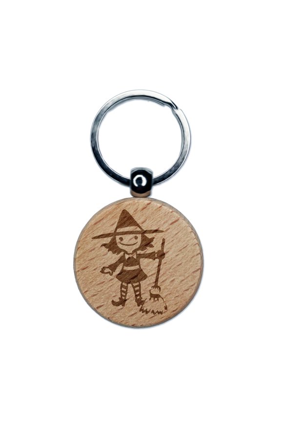 Cute Young Halloween Witch with Broom and Hat Round Keychain Charm Tag - Engraved Wood