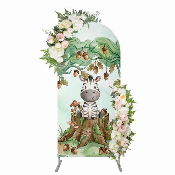 Cute Zebra Forest Arch Backdrop Cover 4FT, Green Trees Cone Leaves Mushroom Spandex Fitted Stretchy Arch Stand Covers, Round Top Chiara Backdrop Cover for Wedding Party Birthday Baby Shower
