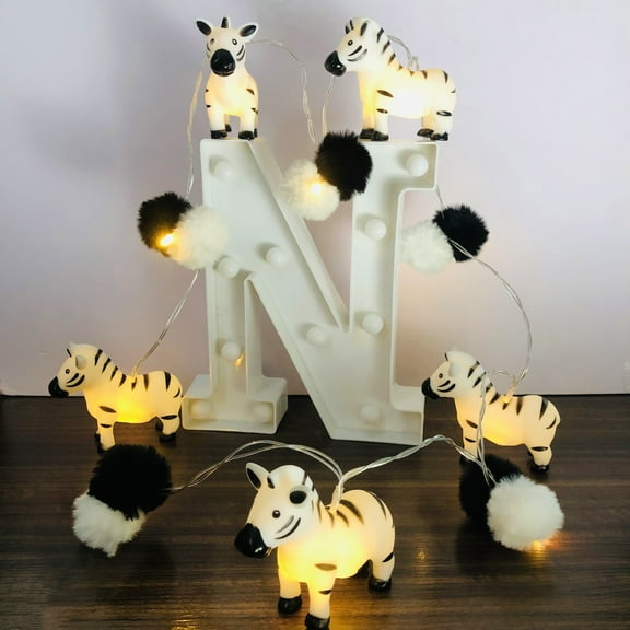 Cute Zebra String Lights with Pom Poms, Battery Operated Fairy Lights for Bedroom Decor, Party, Indoor Decoration
