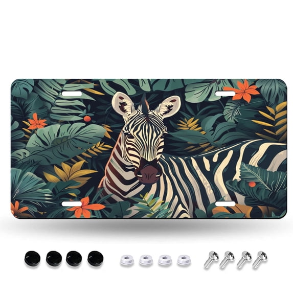 Cute Zebra in The Jungle License Plate Frame, Decorative Novelty License Plate Rust-Proof Stainless Steel, Unique Car Tags 12X6IN