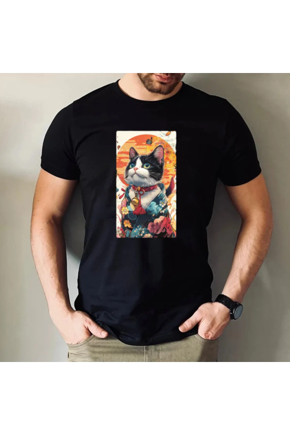 Cute Zen Cat Relaxing With Cherry Blossoms Peaceful Scene Artwork Unisex T-Shirt, for men & women, up to size 5XL