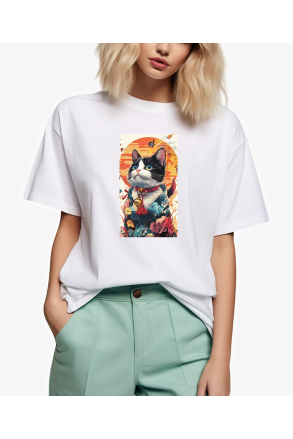 Cute Zen Cat Relaxing With Cherry Blossoms Peaceful Scene Artwork Unisex T-Shirt, for men & women, up to size 5XL