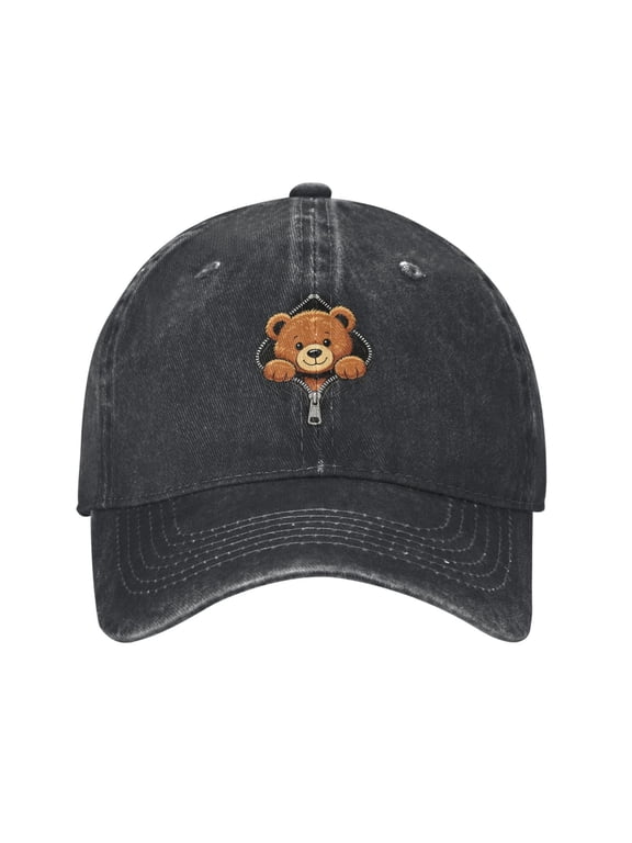Cute Zipper Teddy Bear Baseball Cap Denim Adjustable Funny Peekaboo Teddy Bear Hat Gifts for Women Men Adults Mom Dad Bear Lovers