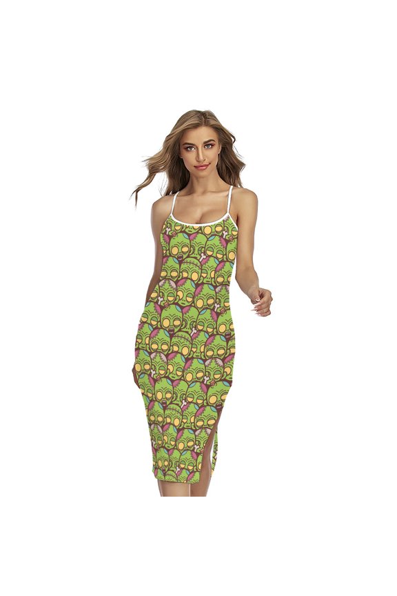 Cute Zombie Pattern Printed Cross Back Cami Dress, Halloween Decorative Fashion Summer Maxi Sexy Casual Dress For Women