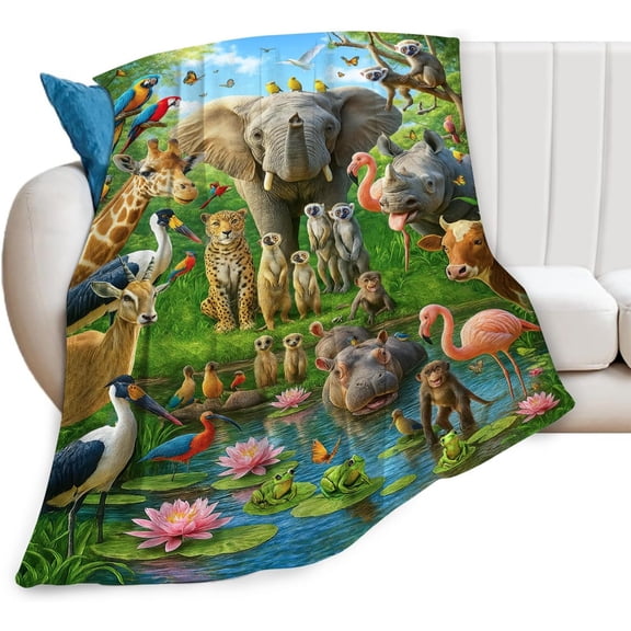 Cute Zoo Animal Blanket Funny Elephant Monkey Giraffe Throw Blankets Soft Cozy Warm Fuzzy Fleece Flannel Forest Animals Throws Stuff Gifts for Girls Boys Men Women Bed Couch Bedding Decor 60"x50"