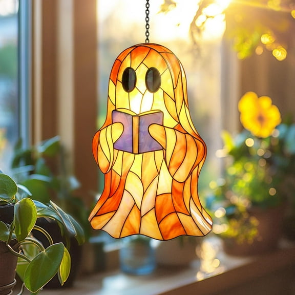 Cute acrylic ghost halloween decoration with book, stained glass style spooky window hanging, cozy home decoration for fall