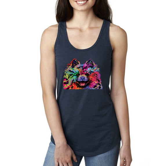 Cute and Colorful Pomeranian Dog Animal Lover Ladies Racerback Tank Top, Navy, Small